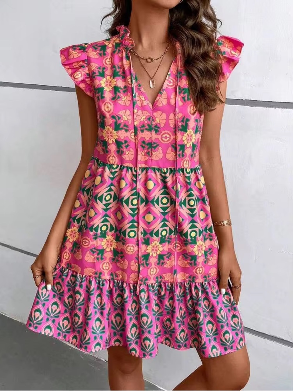 FLUTTER SLEEVE Boho Pink Floral Geometric V-Neck Lightweight Summer Dress XL